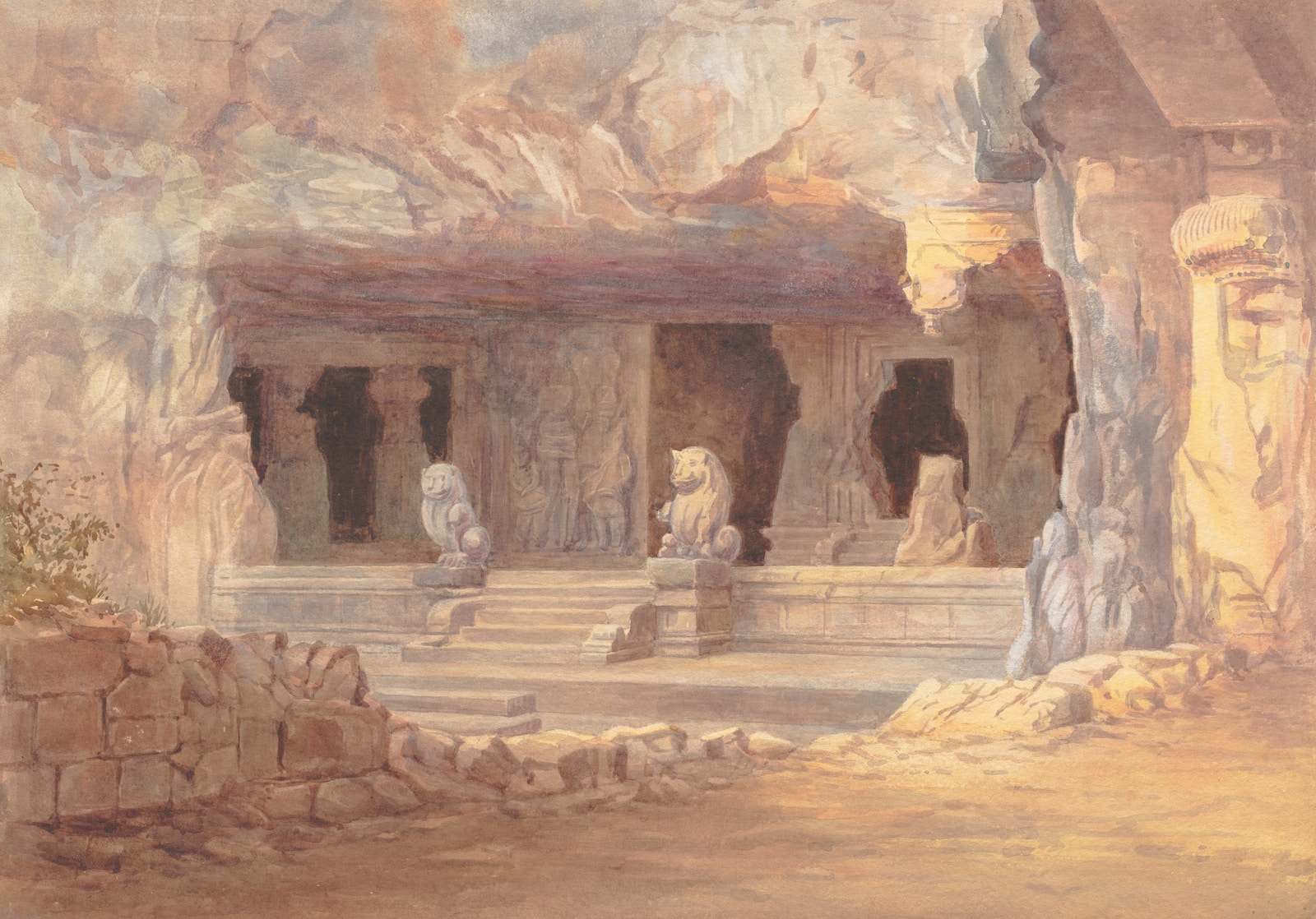 a painting of some statues in a cave